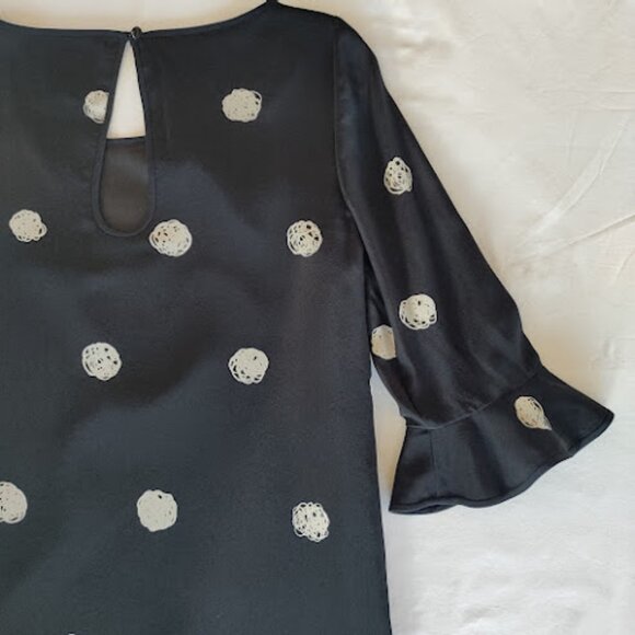 KATE SPADE Silk Polka Dot Black + Cream Shift Dress 3/4 Bell Sleeve Mod Retro 2 - Picture 8 of 15